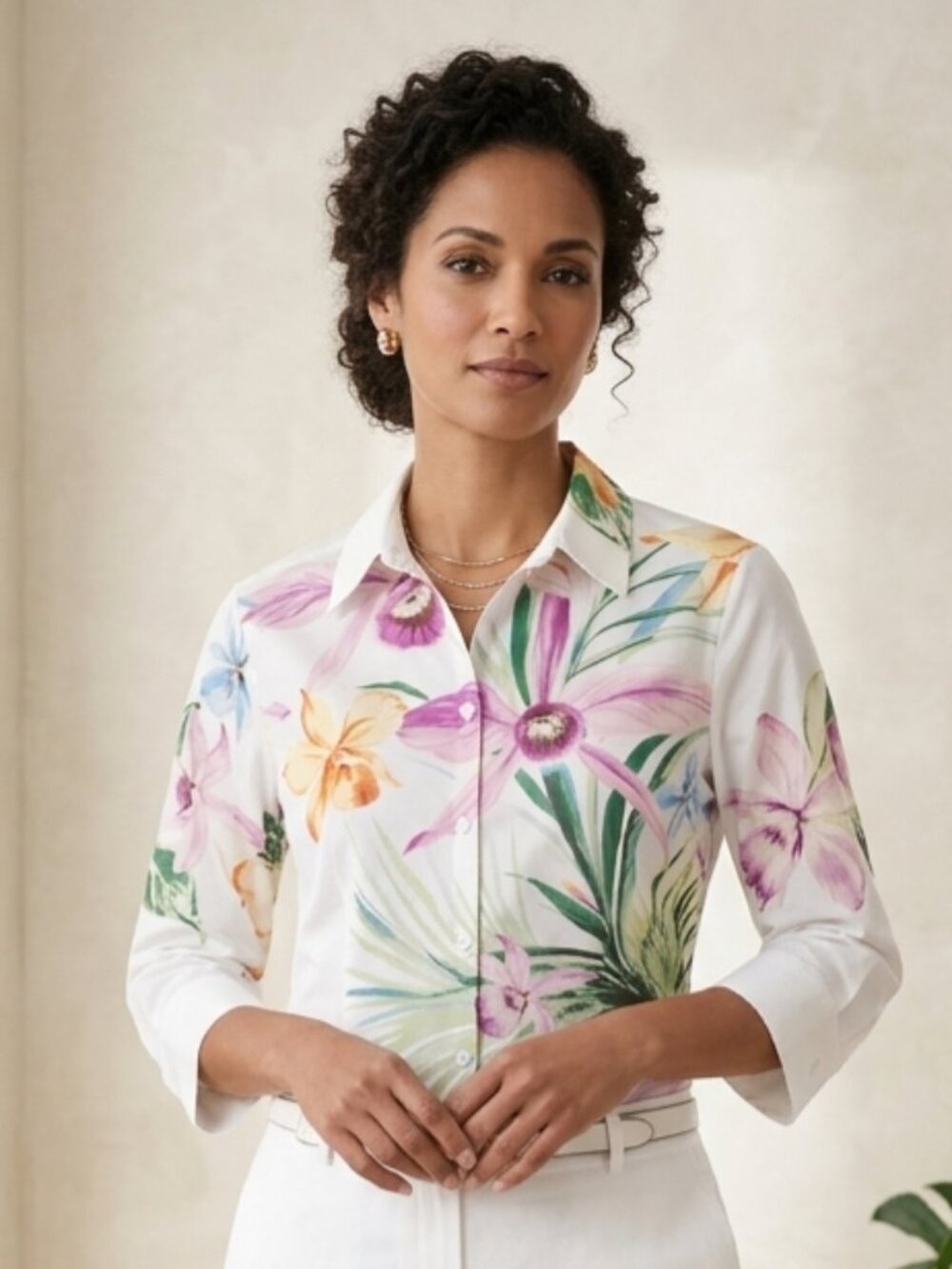 Chico's Floral Orchid Watercolor Tropical Button Up Shirt Size 1 US M White